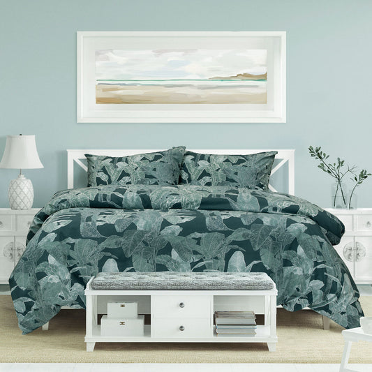 Ardor Indra Teal Palm Leaf Printed Quilt Cover Set King - Auzzistore
