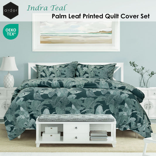 Ardor Indra Teal Palm Leaf Printed Quilt Cover Set King – view 2 - Auzzistore