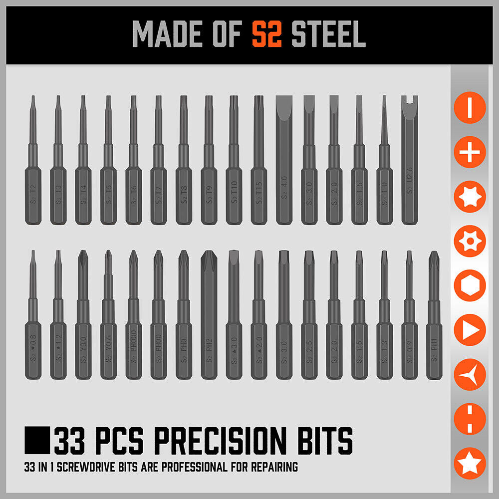 33 PC Precision Screwdriver Set - Philips, Flat, Torx, Hex Bits, Electronic Fix, V465-94359