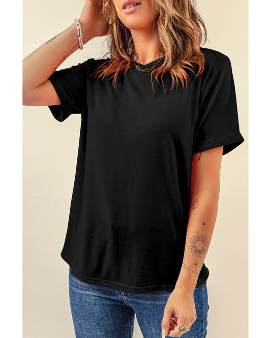 Black Casual Plain Crew Neck Tee - L – view 2