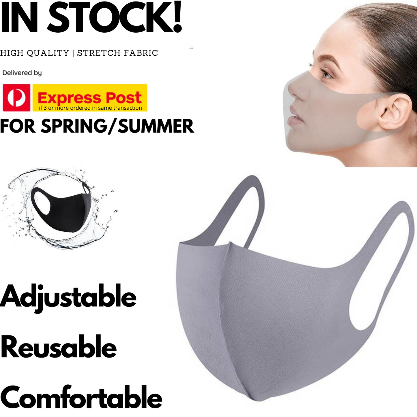 Reusable Breathable Cotton Face Mask - Anti Dust Haze, Elastic Ear Loop, Grey, Polyester