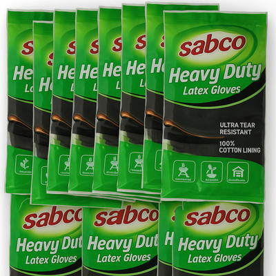 Sabco 12PK Heavy Duty Latex Gloves - Black, Textured Grip, Chemical Protection, Large Size