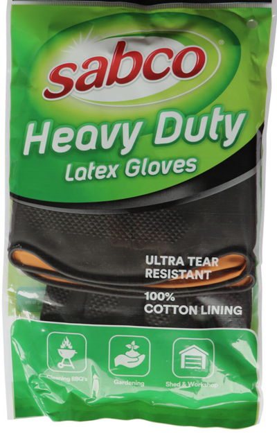 Sabco 12PK Heavy Duty Latex Gloves - Black, Textured Grip, Chemical Protection, Large Size