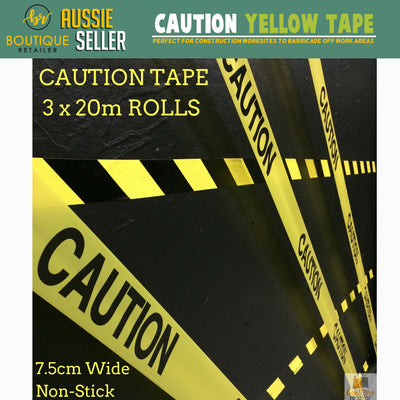 Industrial CAUTION Tape 7.5cm x 20m, 3 Rolls - Yellow Safety Barricade Strip for Worksites