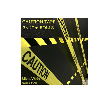 Industrial CAUTION Tape 7.5cm x 20m, 3 Rolls - Yellow Safety Barricade Strip for Worksites