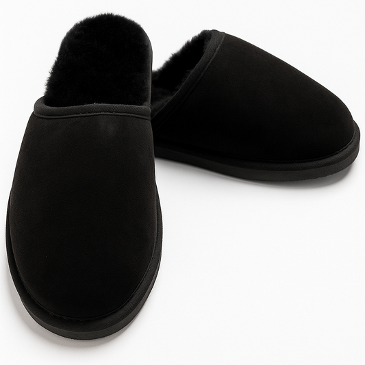 100% Sheepskin Moccasin Slippers Winter Genuine Scuffs Slip On Mens Womens - Black (without fur) - 9 – view 2