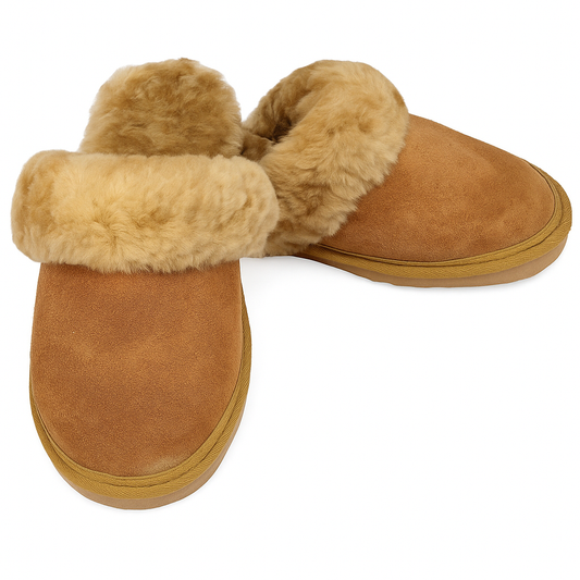 100% Sheepskin Moccasin Slippers Winter Genuine Scuffs Slip On Mens Womens - Chestnut (with fur) - 5 – view 2