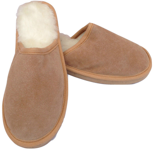 100% Sheepskin Moccasin Slippers Winter Genuine Scuffs Slip On Mens Womens - Chestnut (without fur) - 11