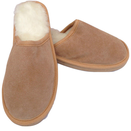 100% Sheepskin Moccasin Slippers Winter Genuine Scuffs Slip On Mens Womens - Chestnut (without fur) - 11