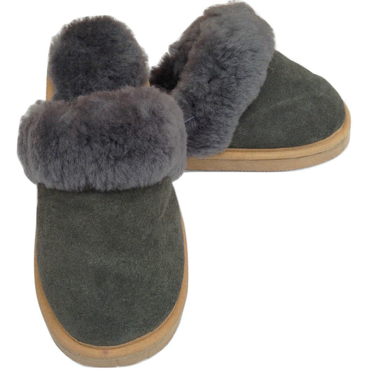 100% Sheepskin Moccasin Slippers Winter Genuine Scuffs Slip On Mens Womens - Grey (with fur) - 7