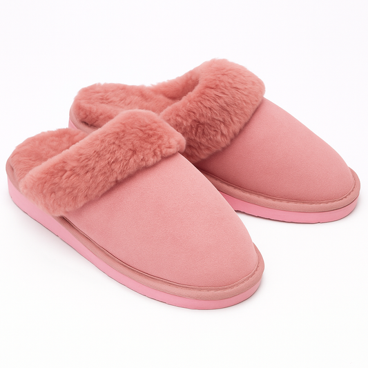 100% Sheepskin Moccasin Slippers Winter Genuine Scuffs Slip On Mens Womens - Pink (with fur) - 7
