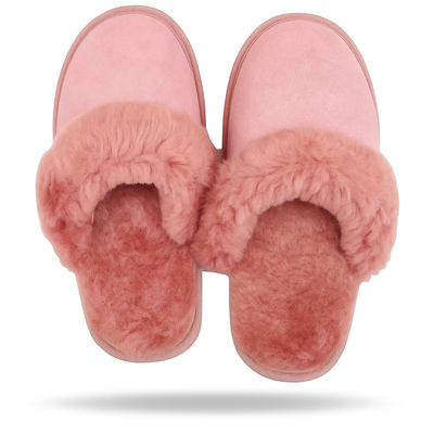 100% Sheepskin Moccasin Slippers Winter Genuine Scuffs Slip On Mens Womens - Pink (with fur) - 7