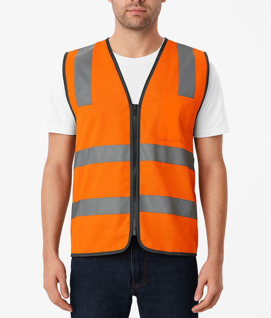 Hi Vis Safety Vest V563-CL-033-ORG-M - Reflective Tape, Zip Up, Chest Pocket, Orange, UPF 40-50+