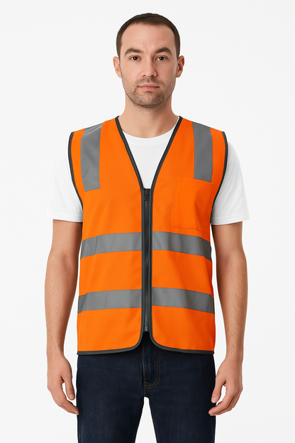 Hi Vis Safety Vest V563-CL-033-ORG-M - Reflective Tape, Zip Up, Chest Pocket, Orange, UPF 40-50+