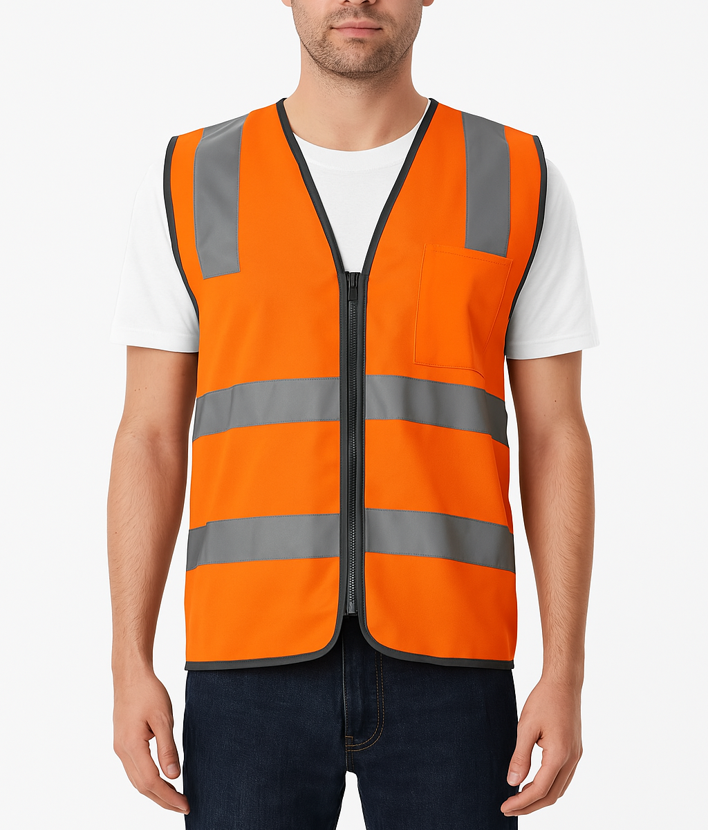 Hi Vis Safety Vest V563-CL-033-ORG-XL - Reflective Tape, Zip Up, Chest Pocket, Orange, XL
