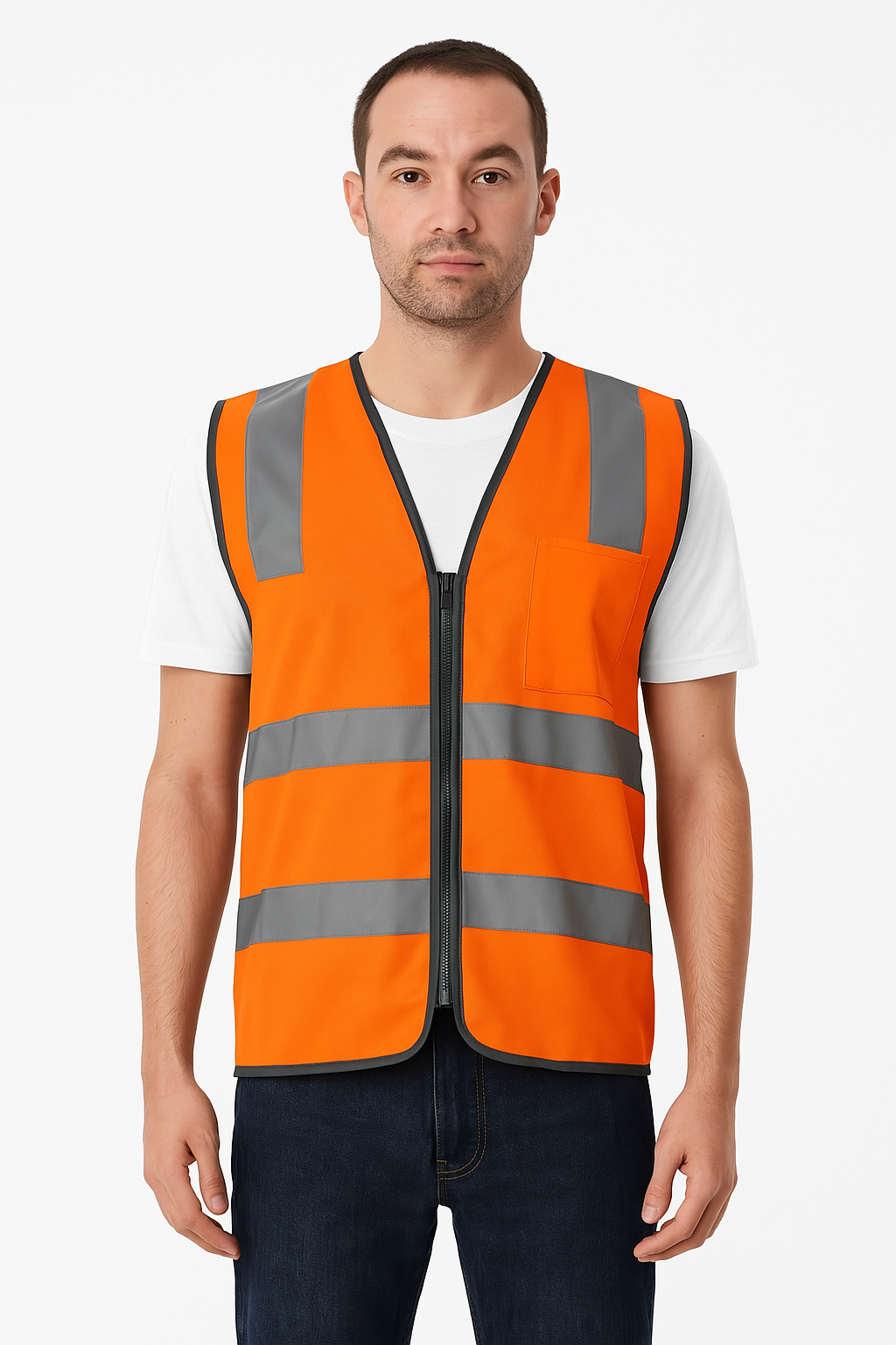 Hi Vis Safety Vest V563-CL-033-ORG-XL - Reflective Tape, Zip Up, Chest Pocket, Orange, XL
