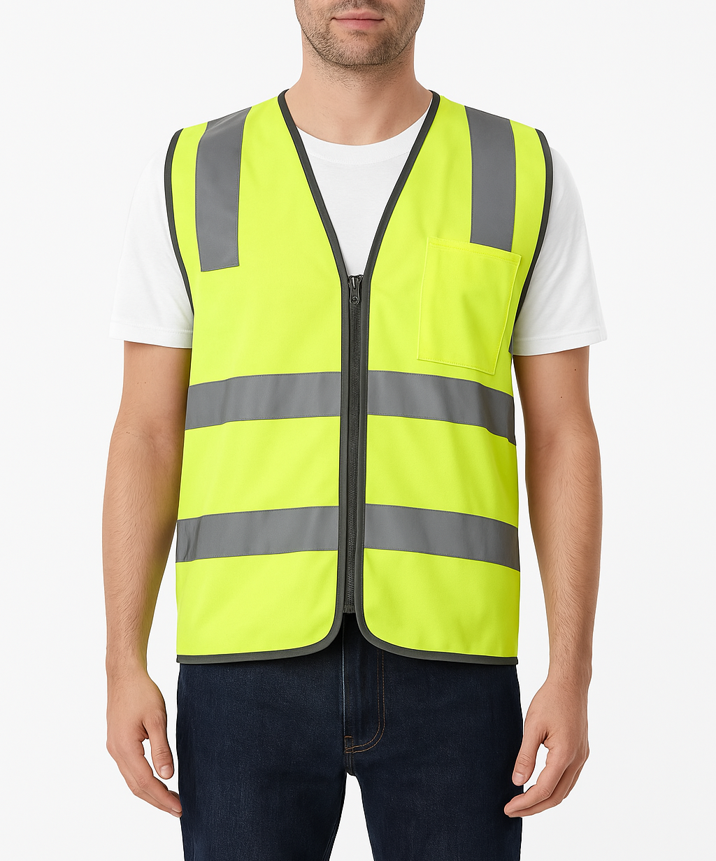 Hi Vis Safety Vest V563-CL-033-YLW-L Reflective Tape Zip Up Pocket Yellow - L
