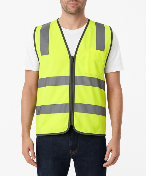 Hi Vis Safety Vest V563-CL-033-YLW-L Reflective Tape Zip Up Pocket Yellow - L - Auzzistore