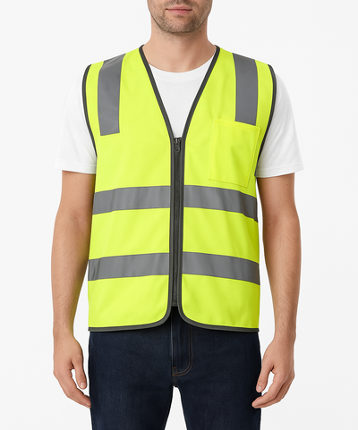 Hi Vis Safety Vest V563-CL-033-YLW-M Reflective Tape Zip Up, Chest Pocket, Yellow, Complies with Australian Standards