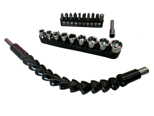 Flexible Drill Extension Right Angle Bit Set - V563, Includes Philips, Pozidriv, Torx, Flathead Bits