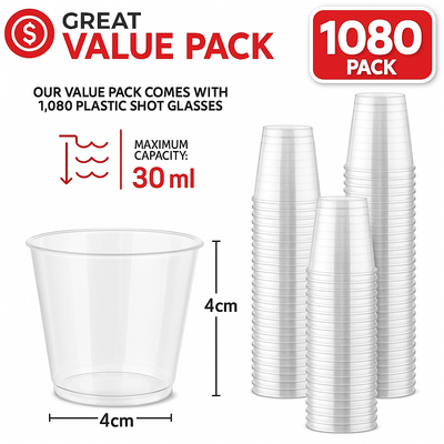 1080pcs 30ml Reusable & Disposable Shot Glasses Clear Cups Event Tastings Bulk