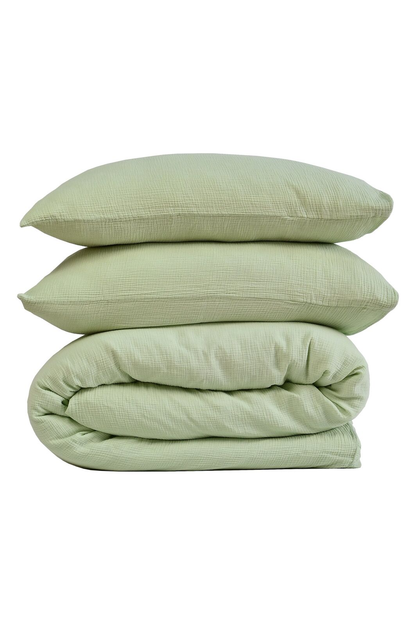 100% Cotton Muslin Duvet Quilt Cover Set w/ 2 Pillow Cases in Pastel Green - King