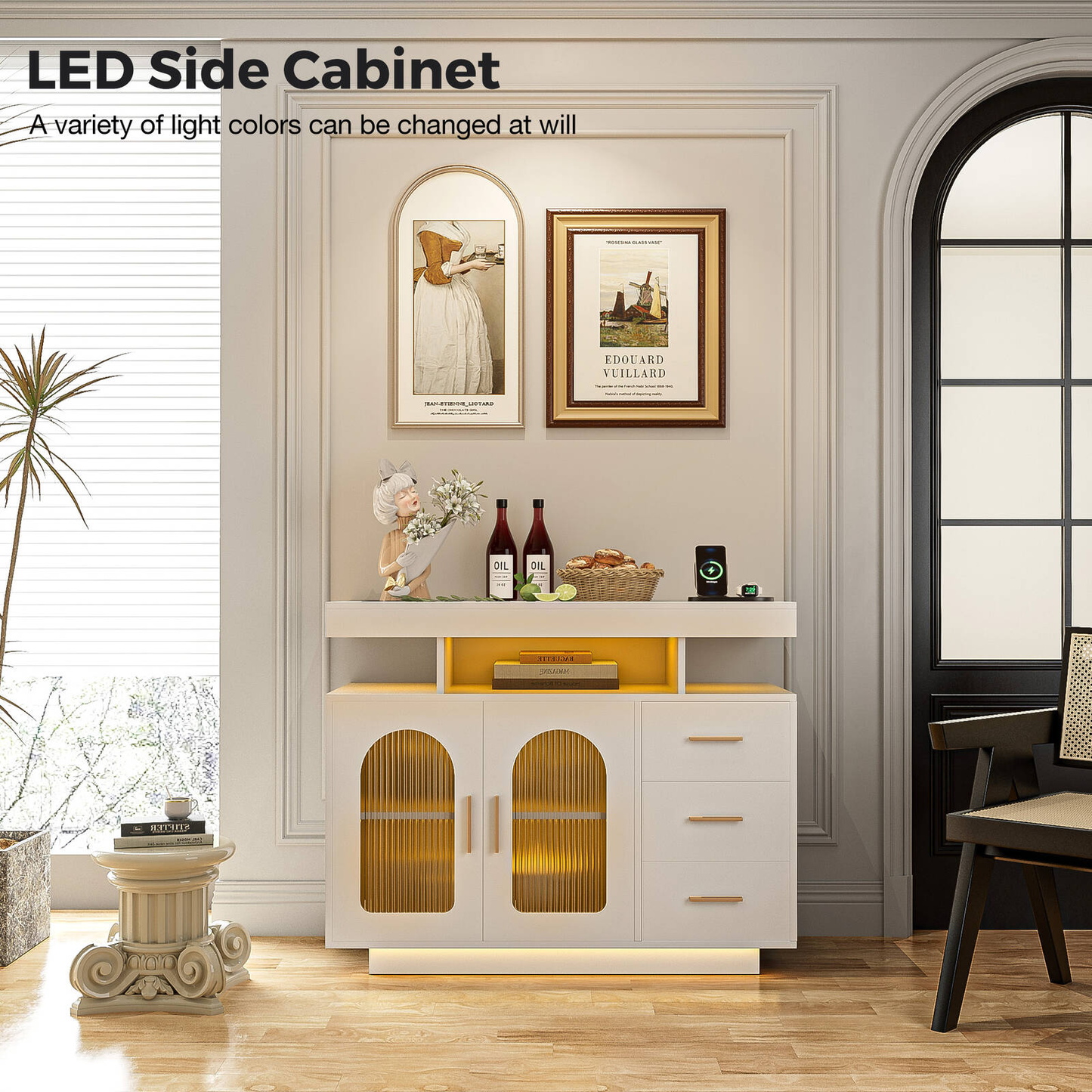 Buffet Sideboard Cabinet With RGB LED Light and Charging Station Console Coffee Bar White