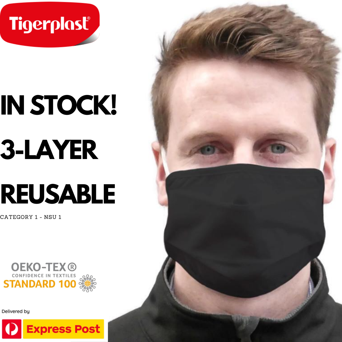 TIGERPLAST Fabric Barrier Mask Black - Washable, Reusable, OEKO-TEX, 3-Layer, 50 Washes
