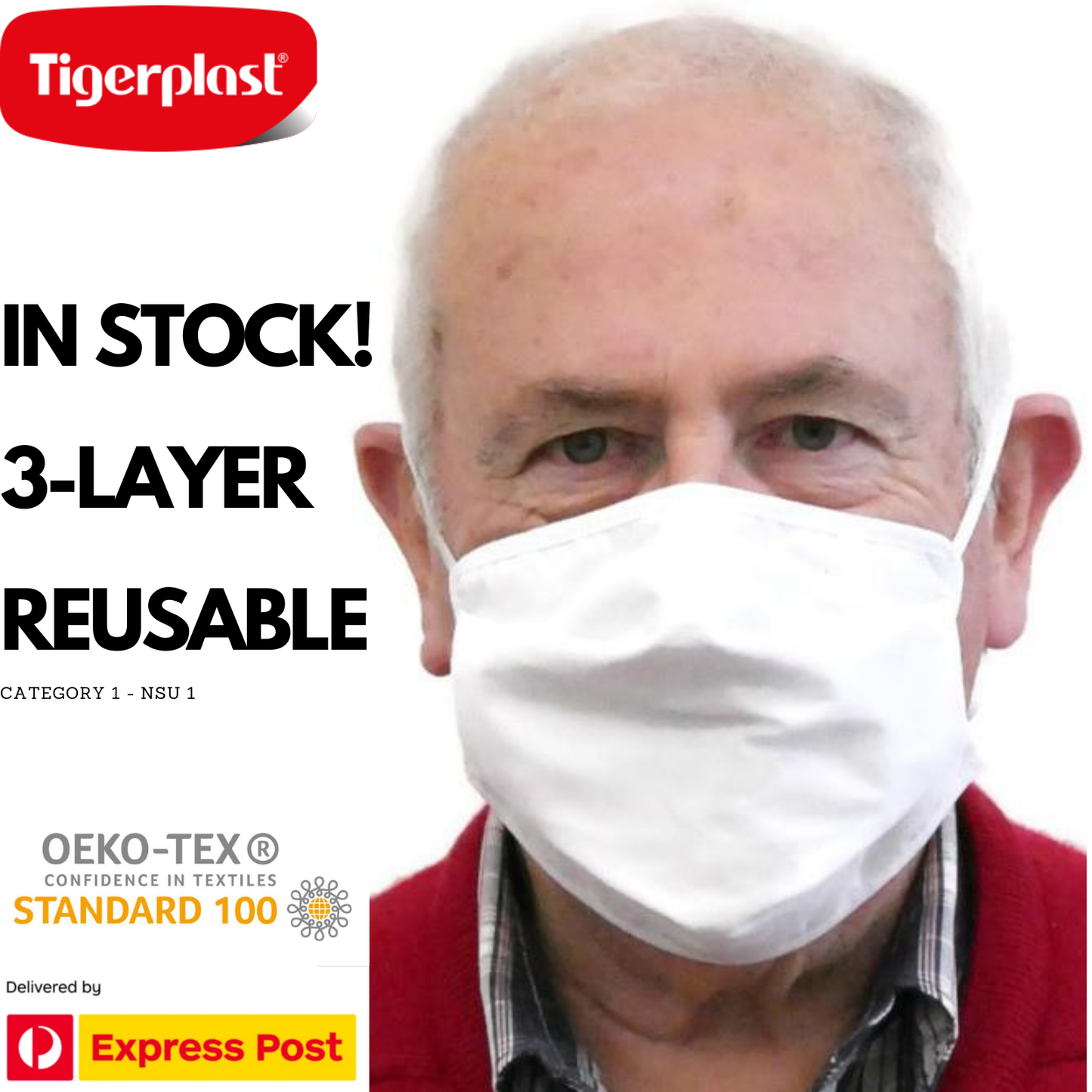 TIGERPLAST Fabric Face Mask, Washable, Reusable, Anti-Microbial, 3-Layer, White, OEKO-TEX Certified