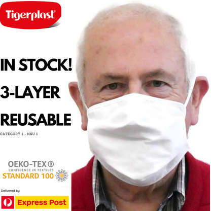 TIGERPLAST Fabric Face Mask, Washable, Reusable, Anti-Microbial, 3-Layer, White, OEKO-TEX Certified