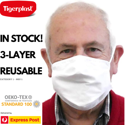 Tigerplast Fabric Face Mask 3-Pack, Washable, Reusable, OEKO-TEX, 3-Layer, 90% Filtration, White