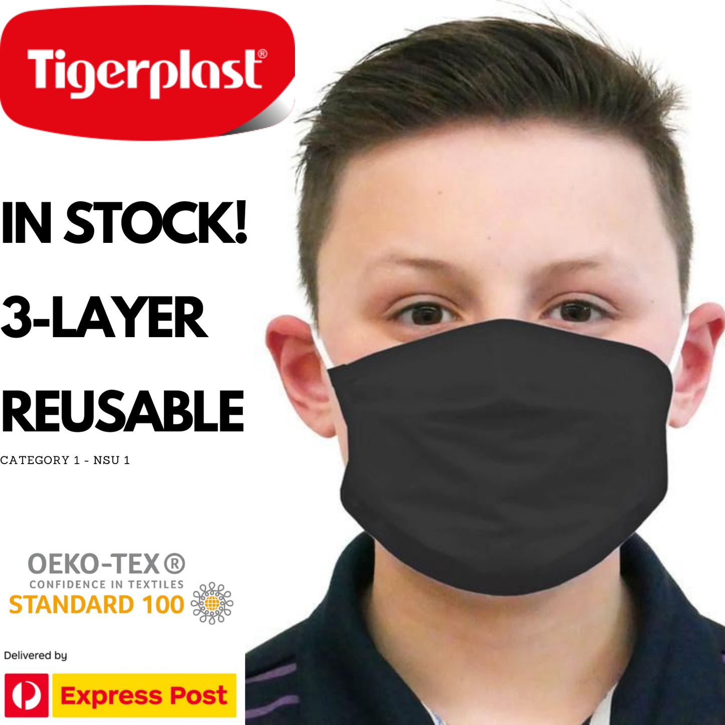 Tigerplast Kids Fabric Face Mask 3-Pack, Washable, Reusable, 3-Layer, Black, Ages 3+