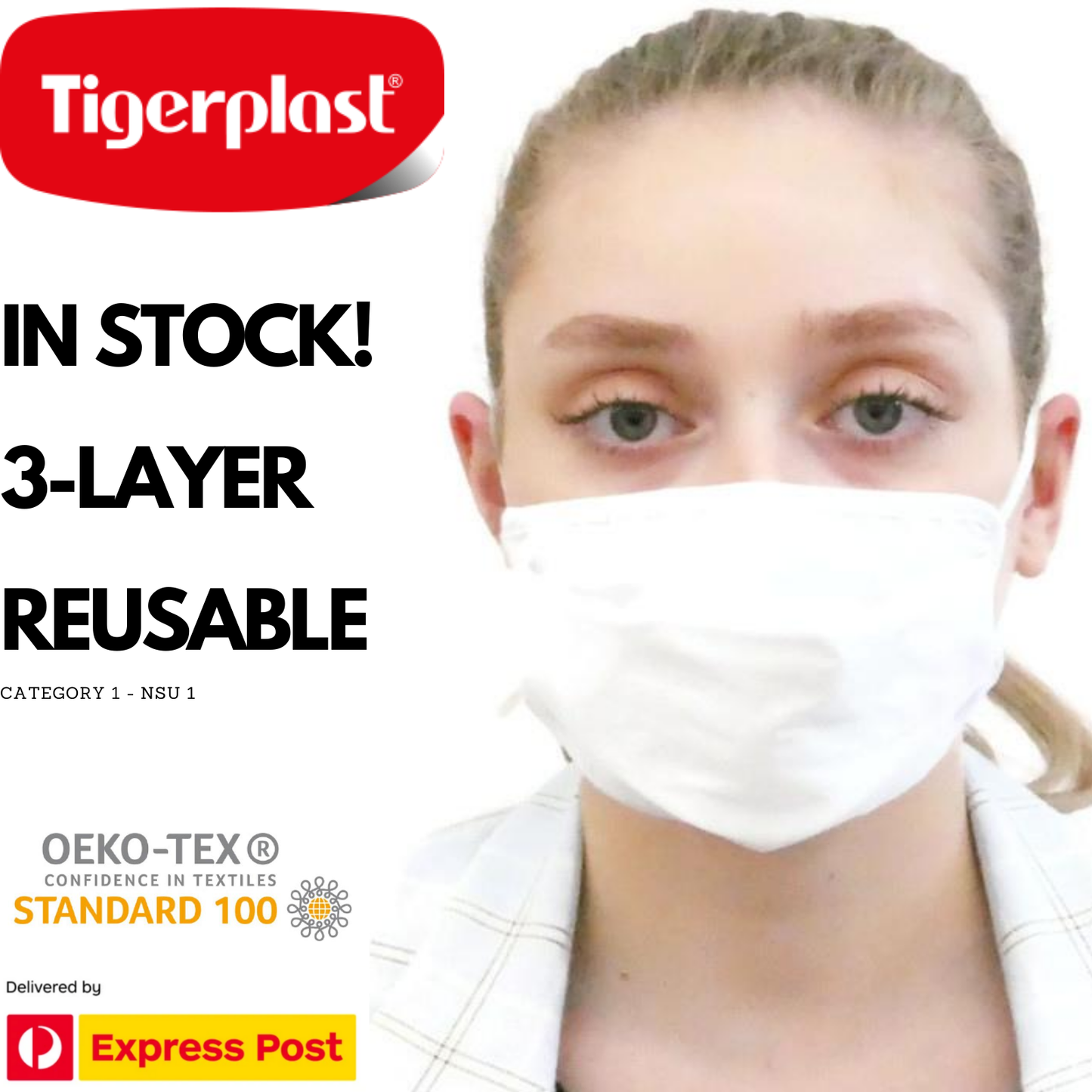 TIGERPLAST Kids Fabric Face Mask, Washable, Reusable, 3-Layer, Black, 50 Washes, 3+ Years