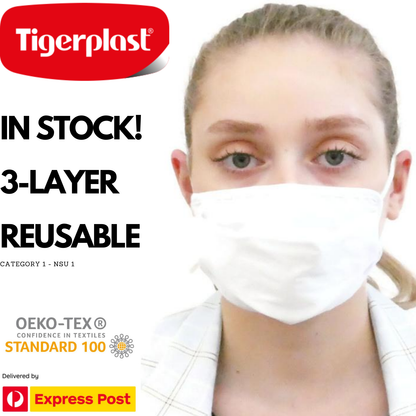 TIGERPLAST Kids Fabric Face Mask, Washable, Reusable, 3-Layer, Black, 50 Washes, 3+ Years