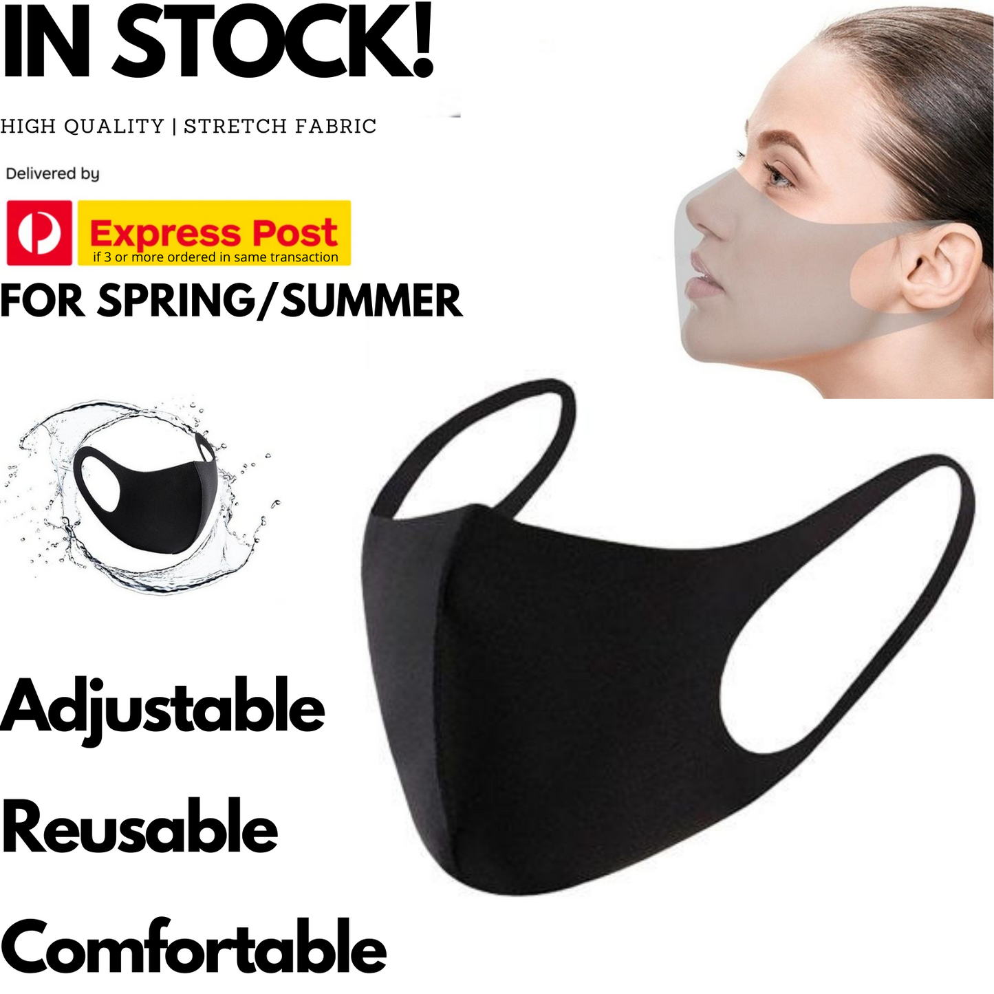 UPWR 50x Reusable Breathable Face Masks - Polyester, Elastic Earloop, Cooling Fabric, Black