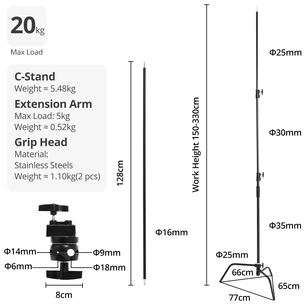 Hridz 10.8ft Heavy Duty Studio C-Stand with 4.2ft Boom Arm & Grip Heads, Stainless Steel