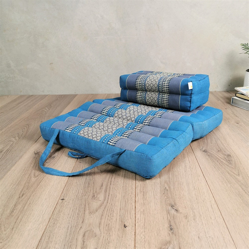 Handmade Foldable Meditation Cushion & Yoga Block Set - Organic Kapok, Blue, V574-TTP-2ST-YB-BLUE