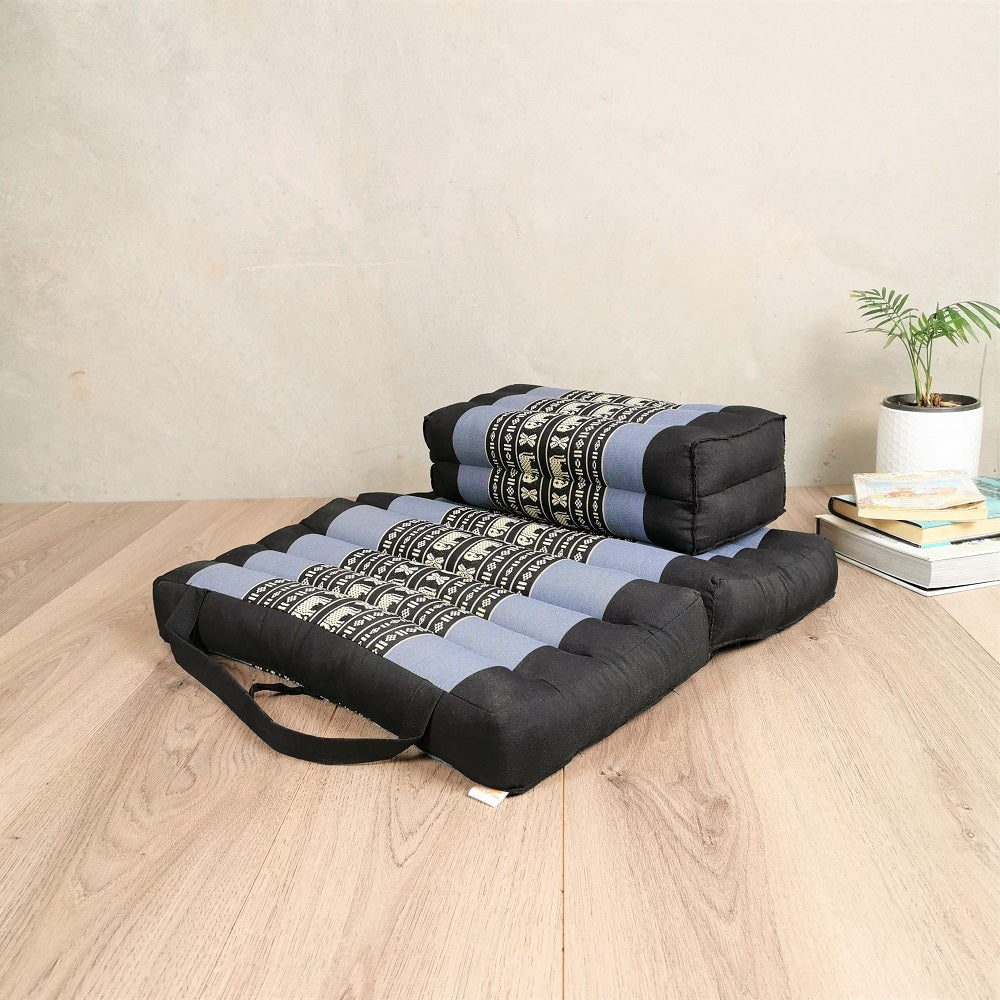 BlueEle Foldable Meditation Cushion & Yoga Block Set, Organic Kapok, Handmade Cotton Fabric