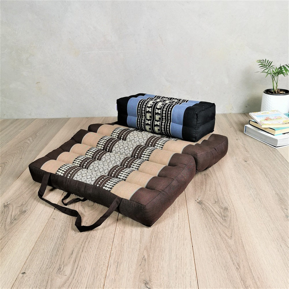 BlueEle Foldable Meditation Cushion & Yoga Block Set - Organic Kapok, Handmade Cotton, Brown