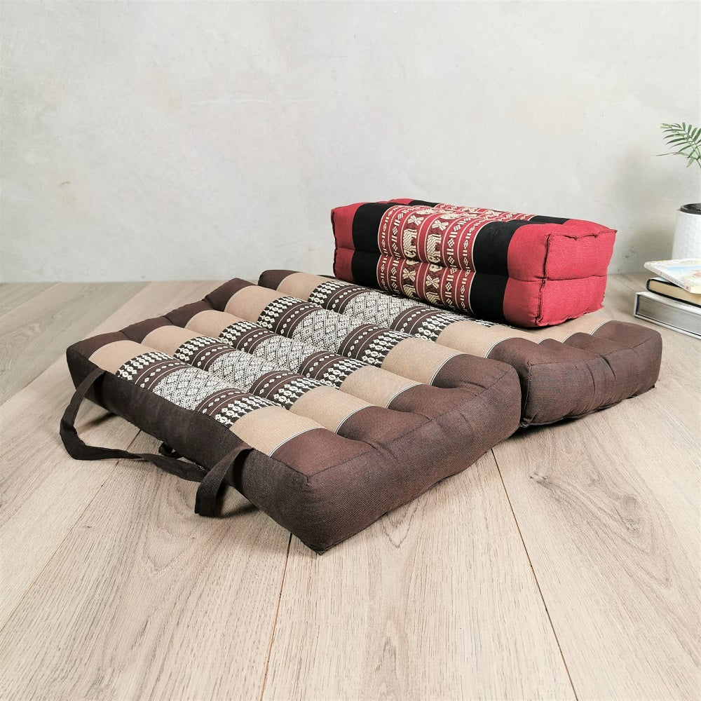 RedEle Foldable Meditation Cushion & Yoga Block Set - Organic Kapok, Handmade Cotton, Brown