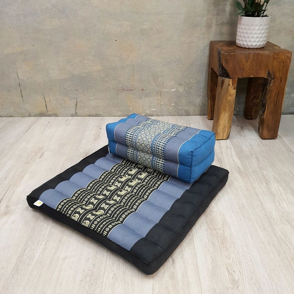 Thai Meditation Cushion Set - 50x50cm Kapok Cotton Filled, Handmade, Organic, TTP-StBluEle-YB-Blue