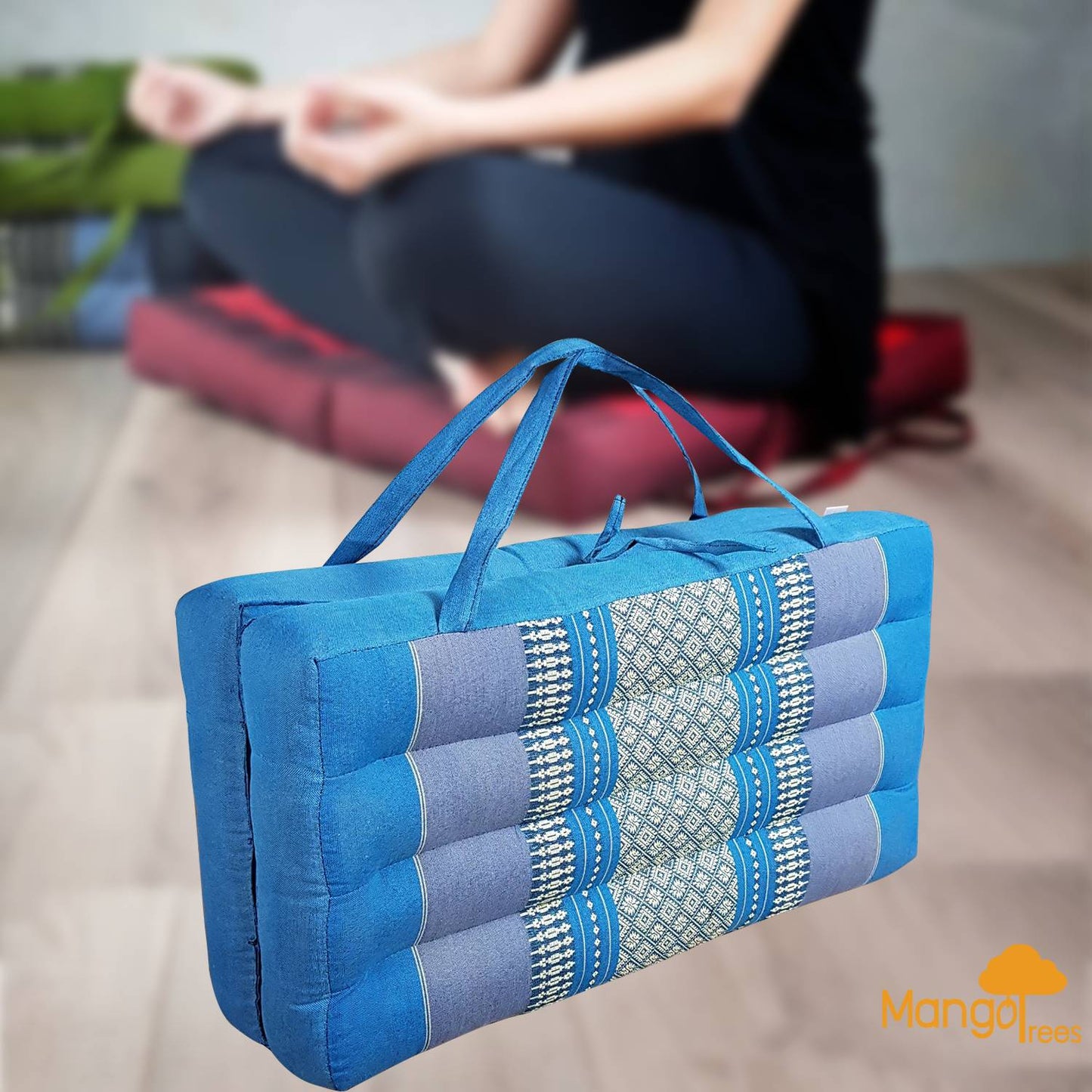 Thai Handicrafts 2-Fold Meditation Cushion Yoga Mat Blue - 50x50cm, Organic Kapok Filling, Foldable with Handle