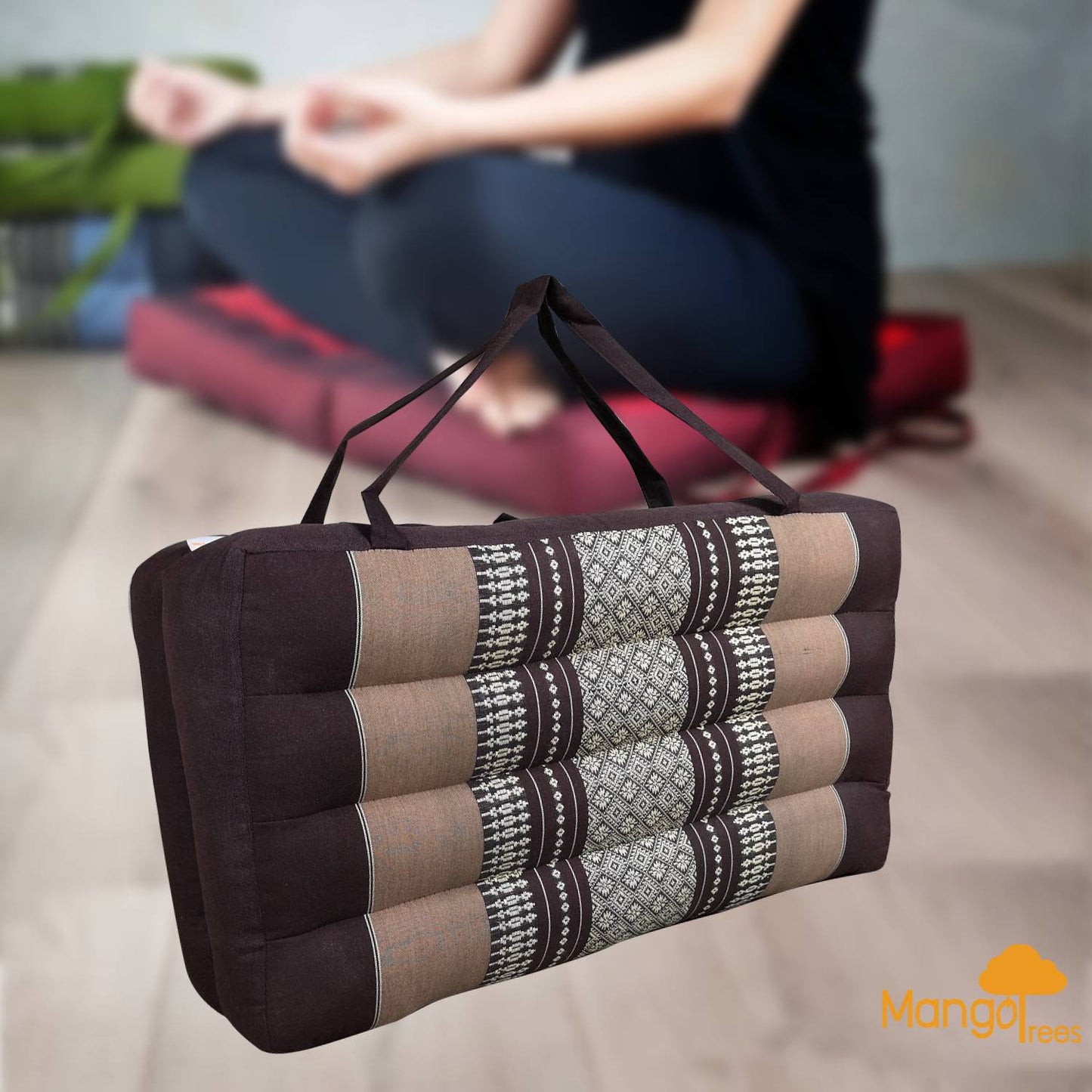Thai Handmade 2-Fold Meditation Cushion Yoga Mat - Organic Kapok, 50x50cm, Foldable with Handle, Brown
