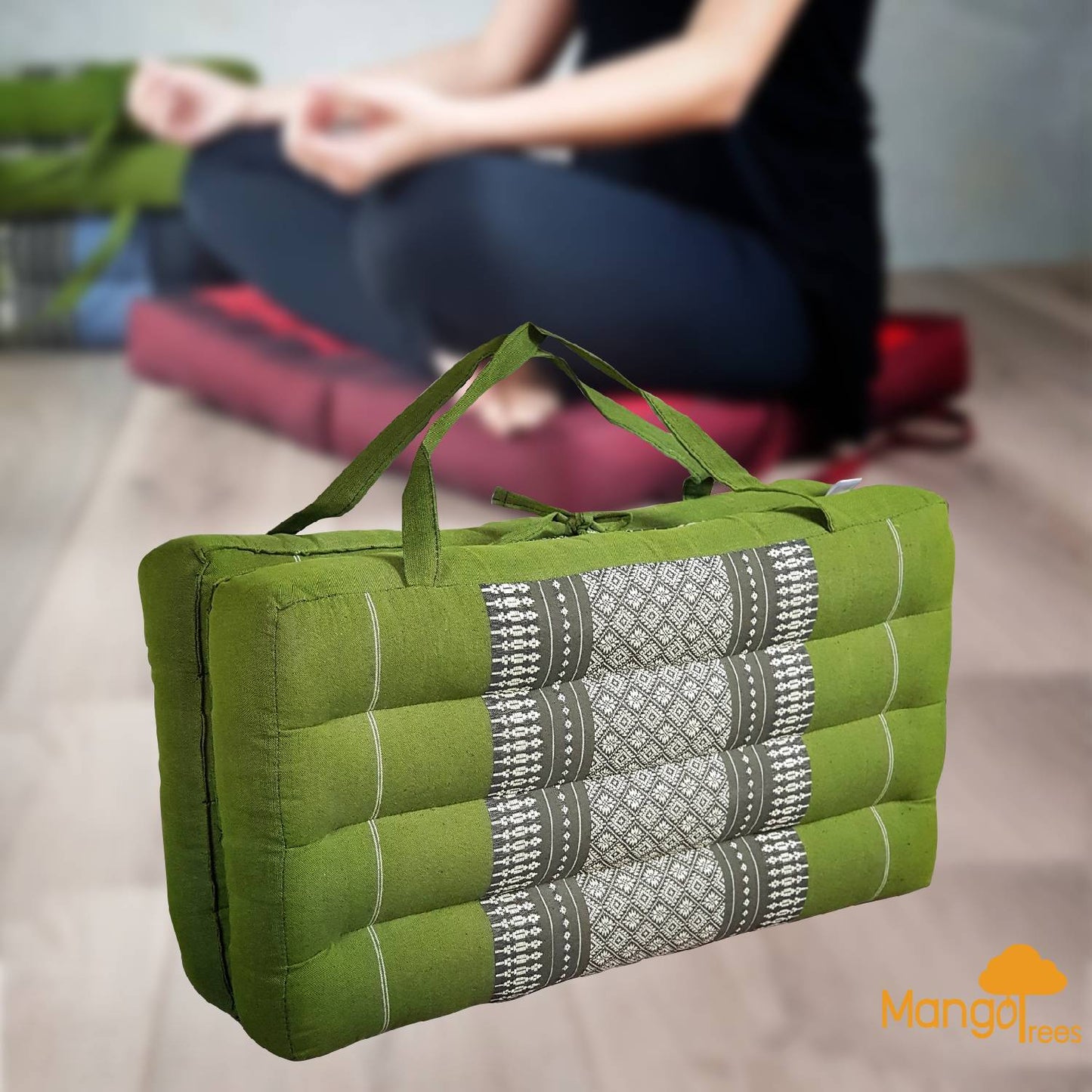 Thai Handmade 2-Fold Meditation Cushion Yoga Mat Green - 100% Organic Kapok, 50x50cm, Foldable with Handle