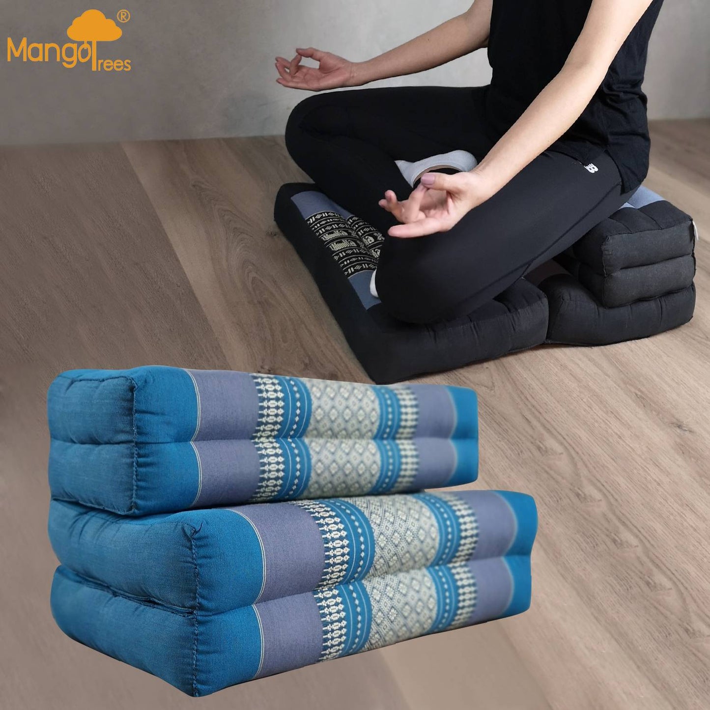 Thai Zafu 3-Fold Meditation Cushion Set Blue - 100% Kapok Cotton, Foldable, Handmade, 50x50cm