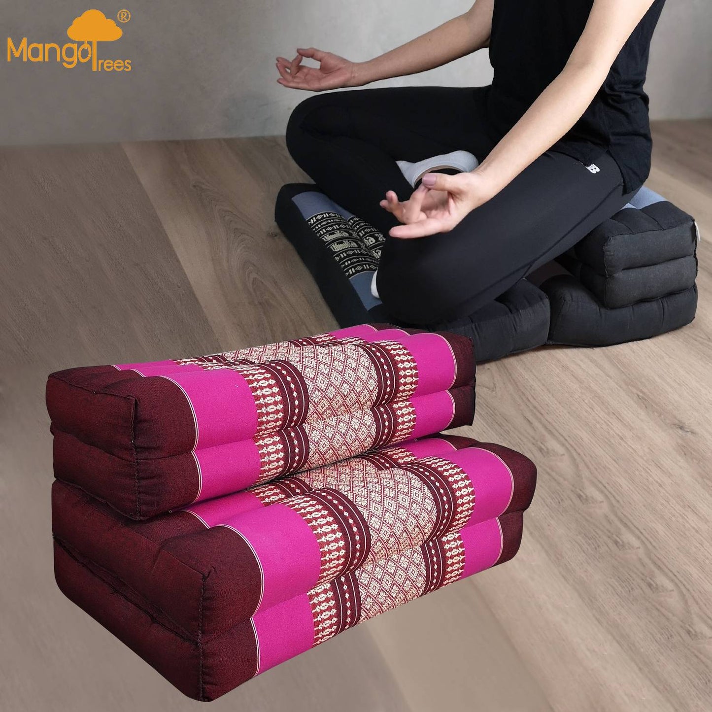 Zafu 3-Fold Meditation Cushion Set Pink - 100% Kapok Cotton, Foldable, Handmade, Thai Design