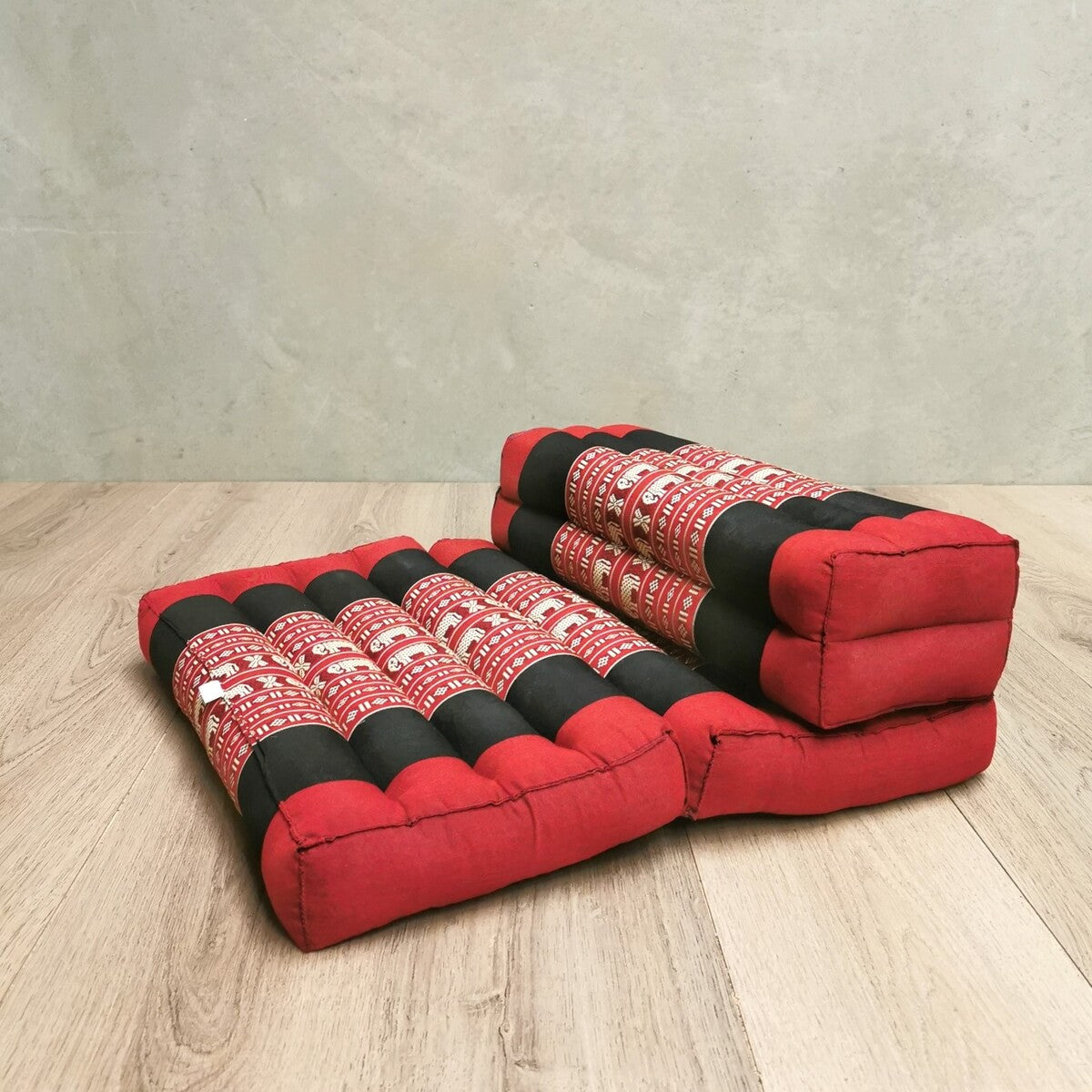 Zafu 3-Fold Meditation Cushion Set, 100% Kapok Cotton, Foldable, Thai Classic, Red-Ele, 50x50cm