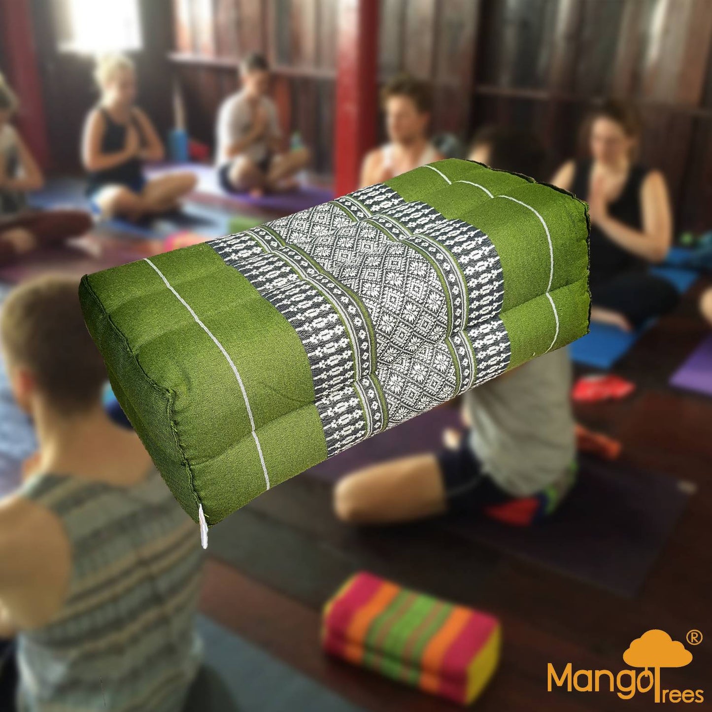 Thai Triangle Pillow Yoga Block Meditation Cushion - Handmade Cotton, Organic Kapok, Green, 36x18x11cm