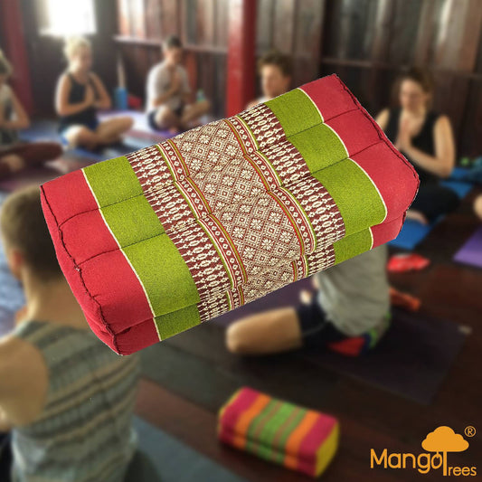Thai Triangle Pillow Yoga Block Meditation Cushion - Handmade Cotton, Organic Kapok, Red/Green, 36x18x11cm