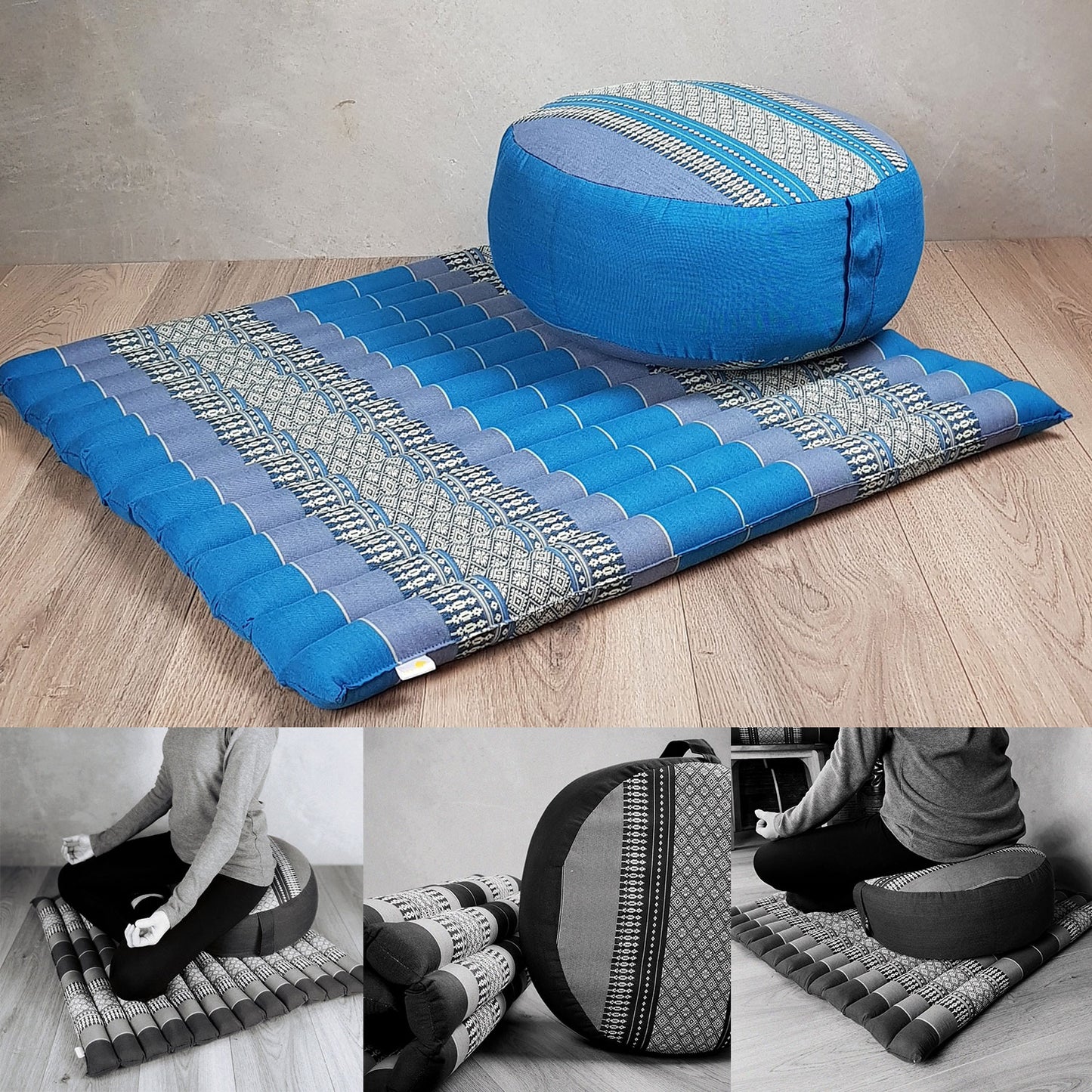 Thai Meditation Cushion Set - Zafu & Zabuton, 100% Organic Kapok, Blue, Foldable, Supports Posture